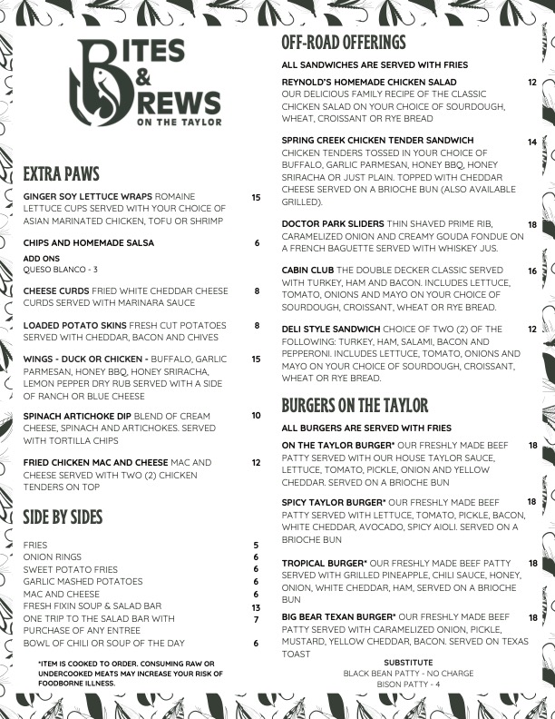 Bites & Brews Menu Page 1